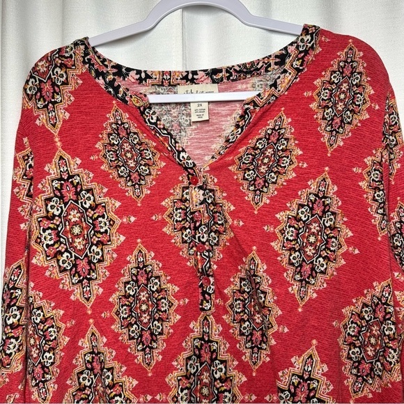 Style & Co Woman Blouse Top Plus 2X Boho Mixed Print Roll Tab Sleeves Red Hippie - Picture 7 of 10
